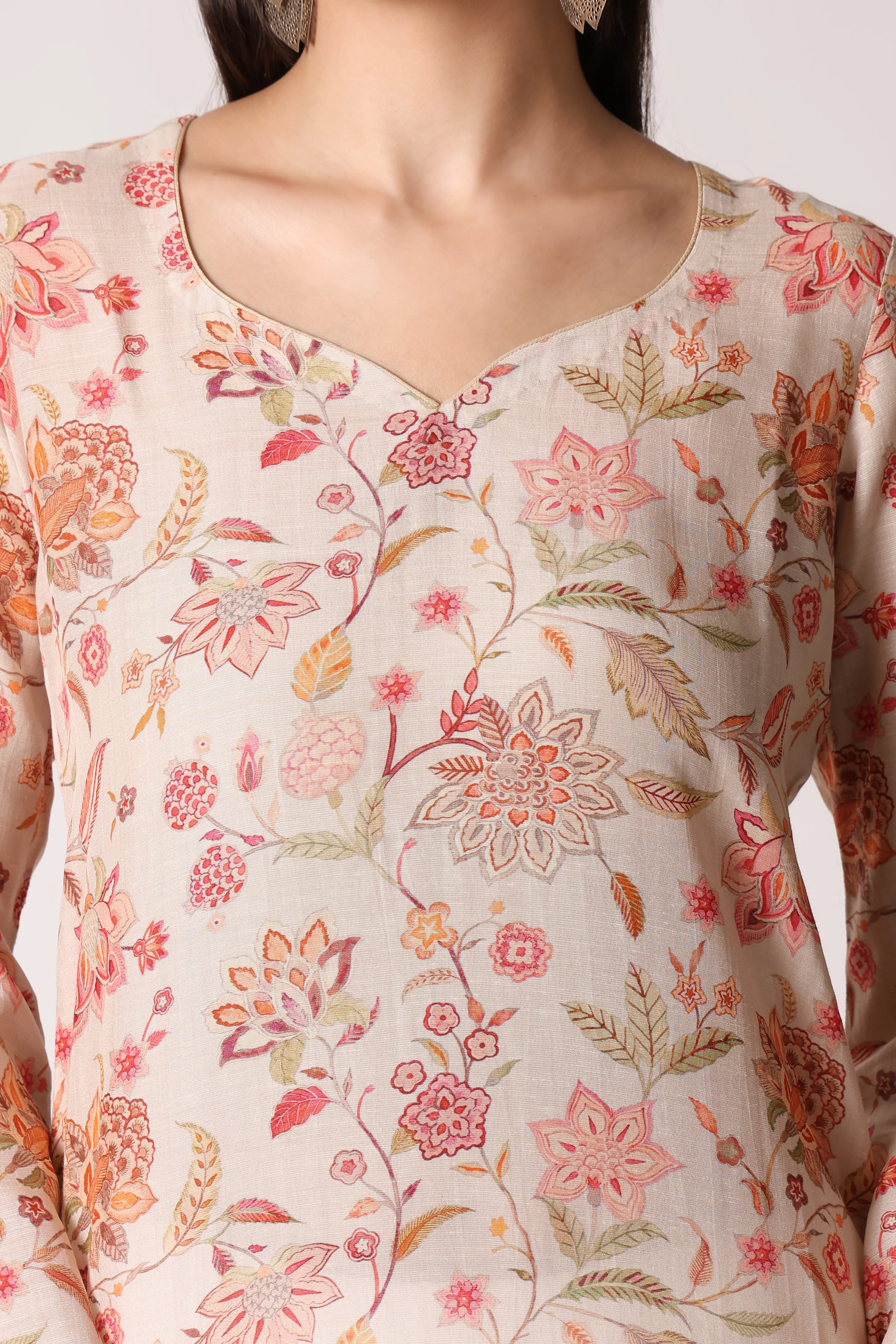 Ivory Reverie Linen Viscose Printed Kurta by Shuchi Man, showcasing a stylish kurta with intricate print and comfortable fabric.