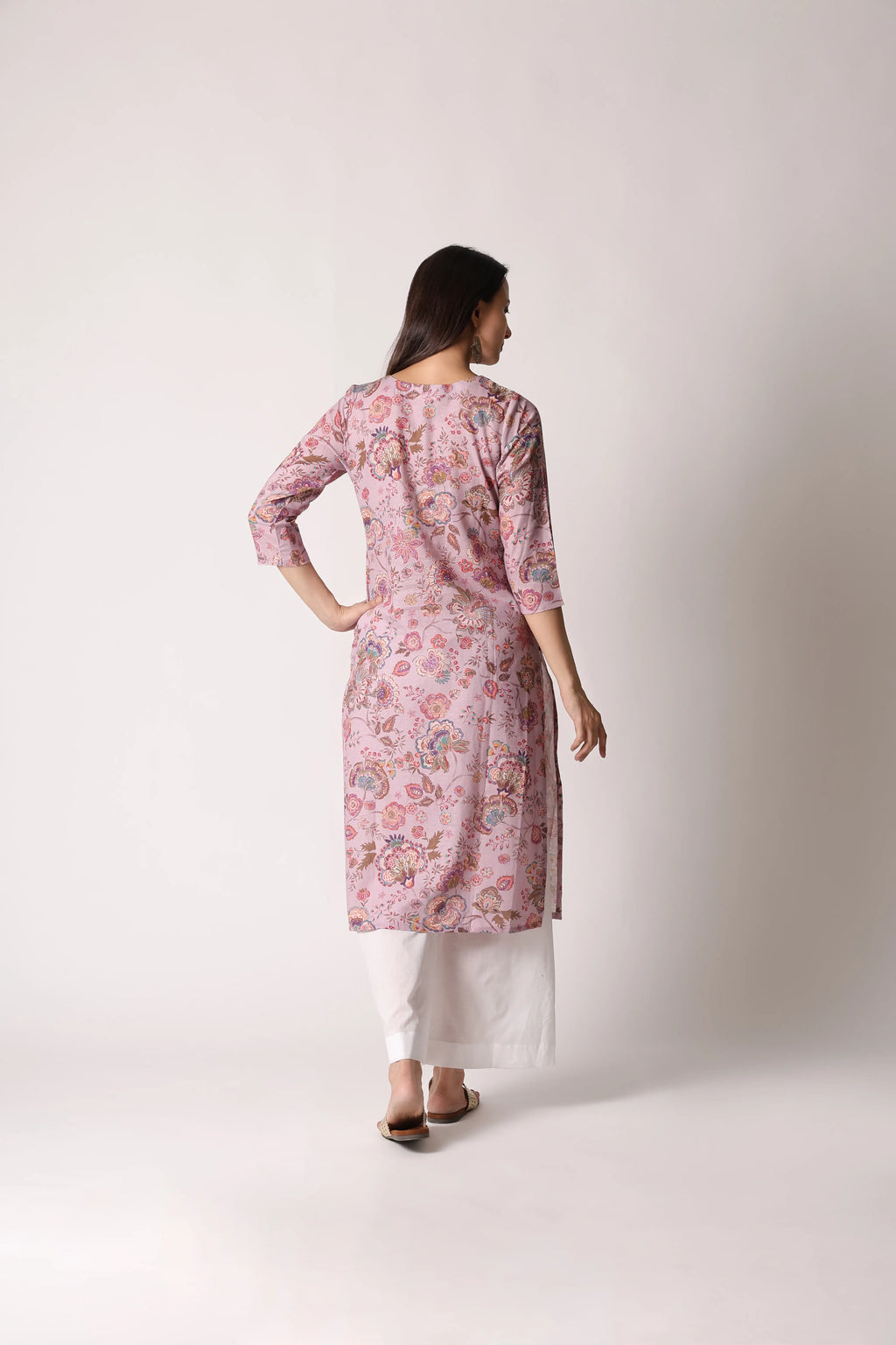 Lilac Lilt Pure Linen Printed Kurta by Shuchi Man featuring floral patterns and a comfortable, stylish design.