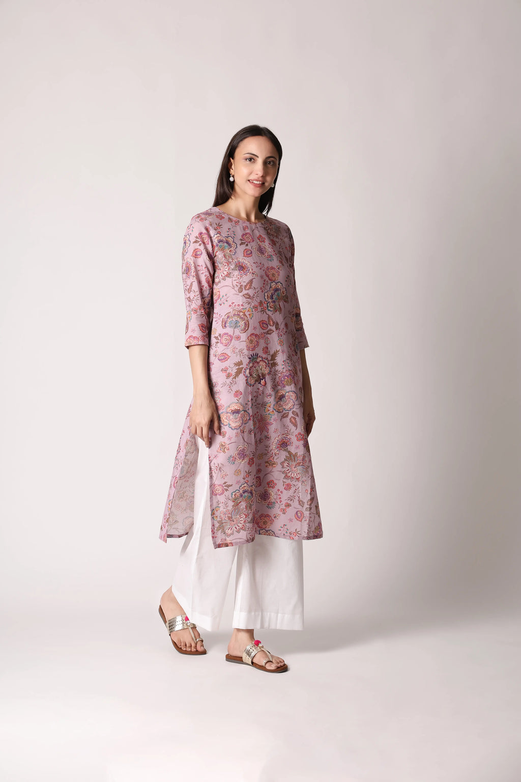 Lilac Lilt Pure Linen Printed Kurta by Shuchi Man featuring floral patterns and a relaxed fit for comfortable summer wear.