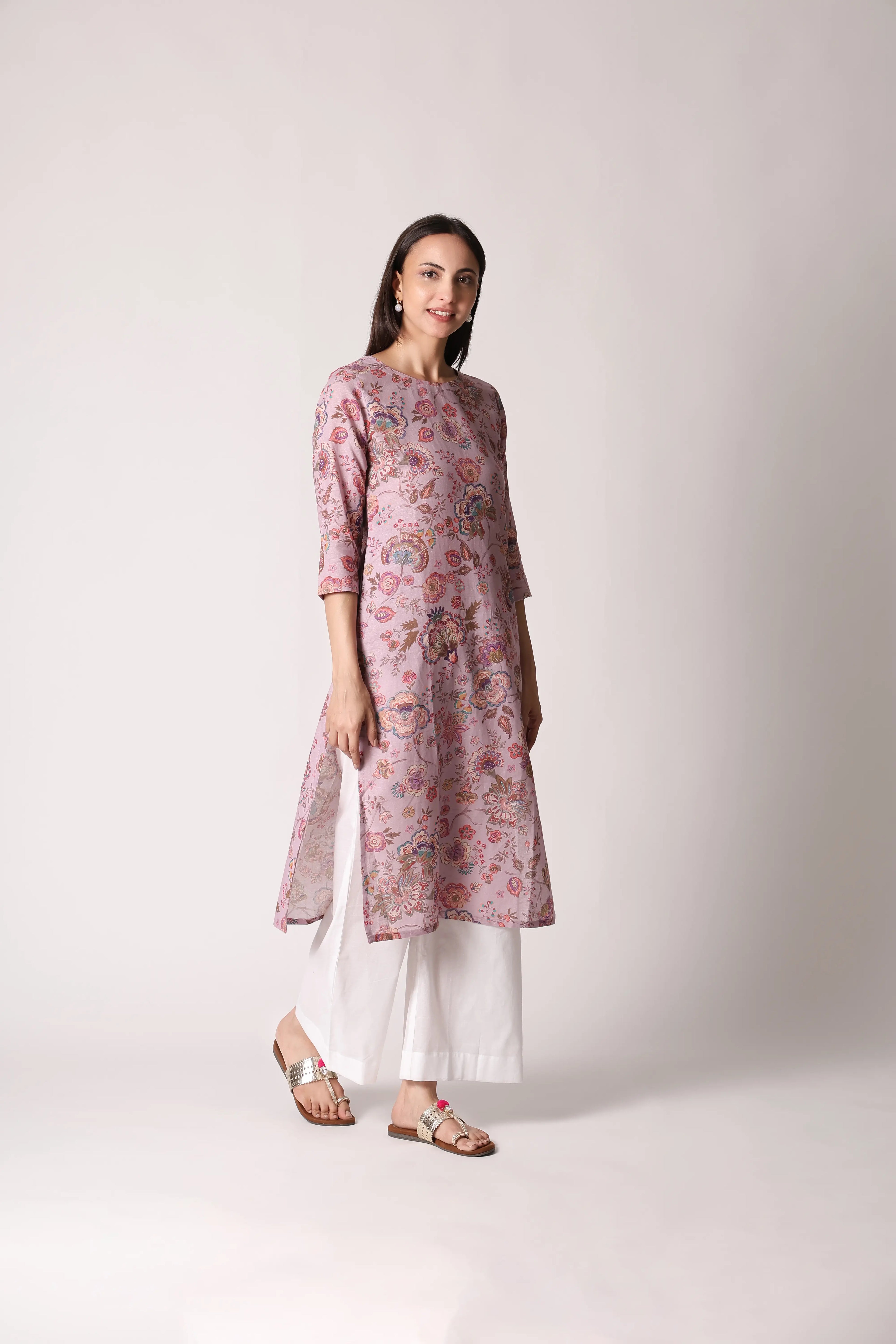 Lilac Lilt Pure Linen Printed Kurta by Shuchi Man featuring floral patterns and a relaxed fit for comfortable summer wear.