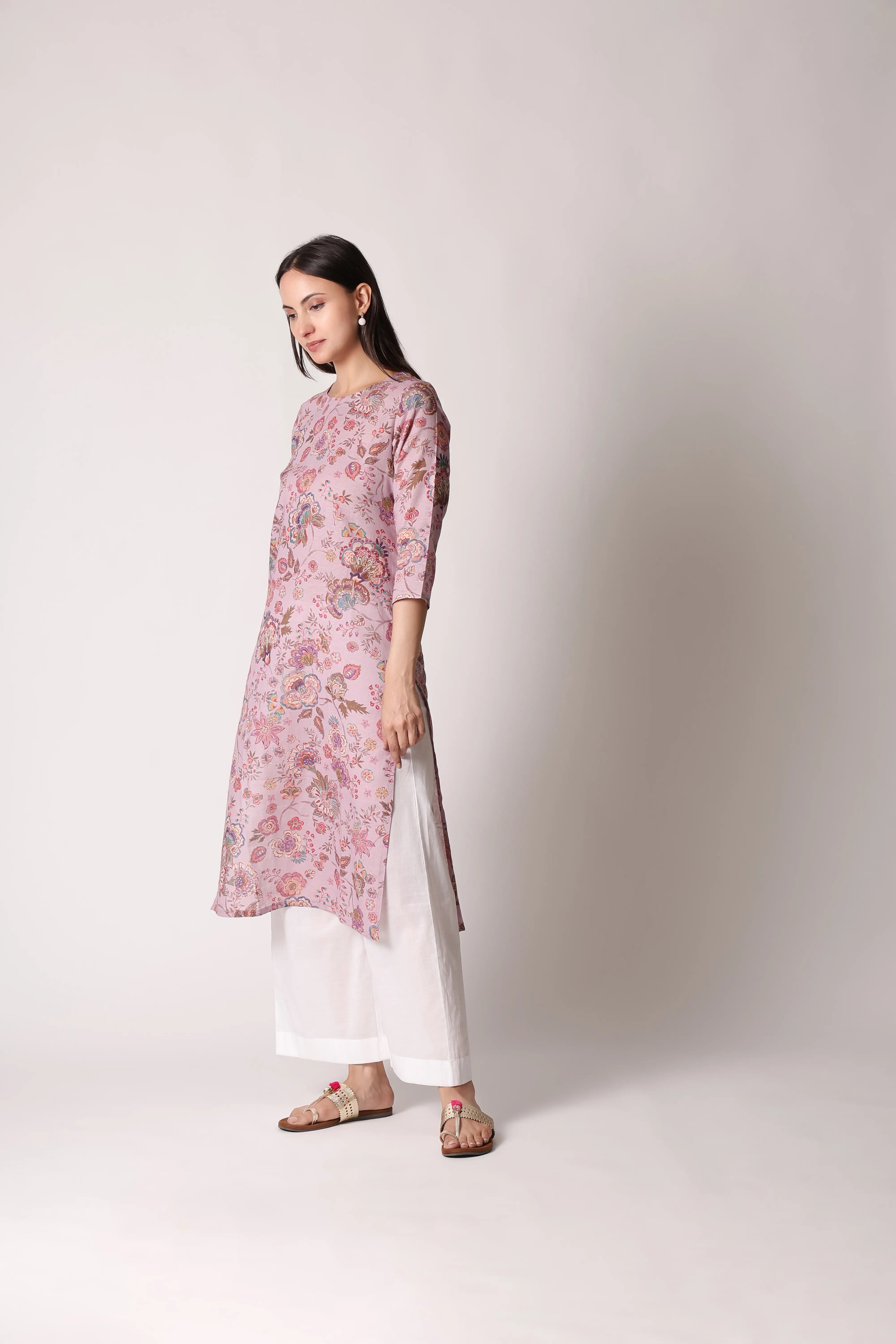 Lilac Lilt Pure Linen Printed Kurta by Shuchi Man featuring intricate floral patterns and a comfortable, elegant fit.
