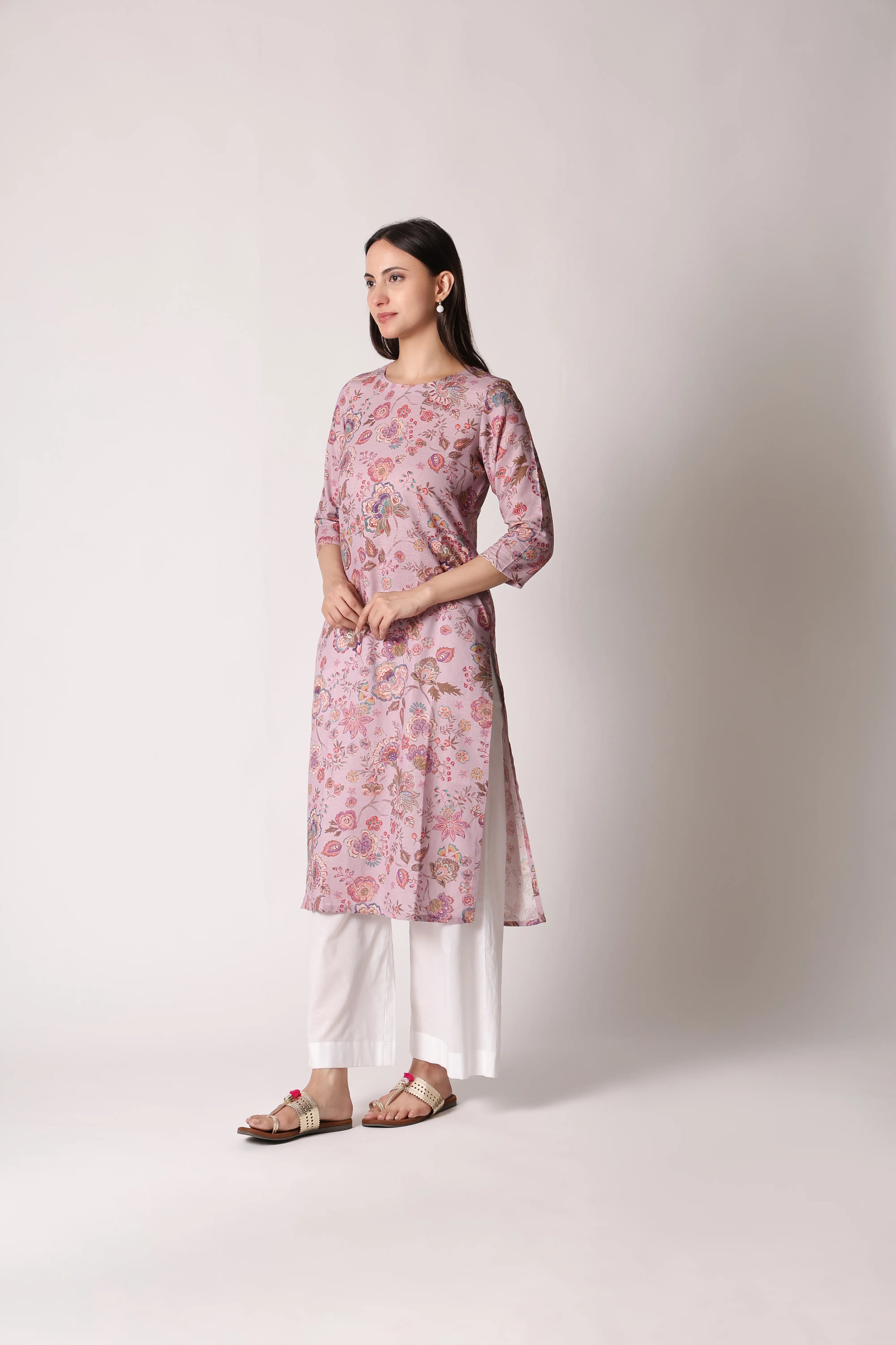 Lilac Lilt Pure Linen Printed Kurta by Shuchi Man, featuring intricate floral patterns and a comfortable, breathable design.