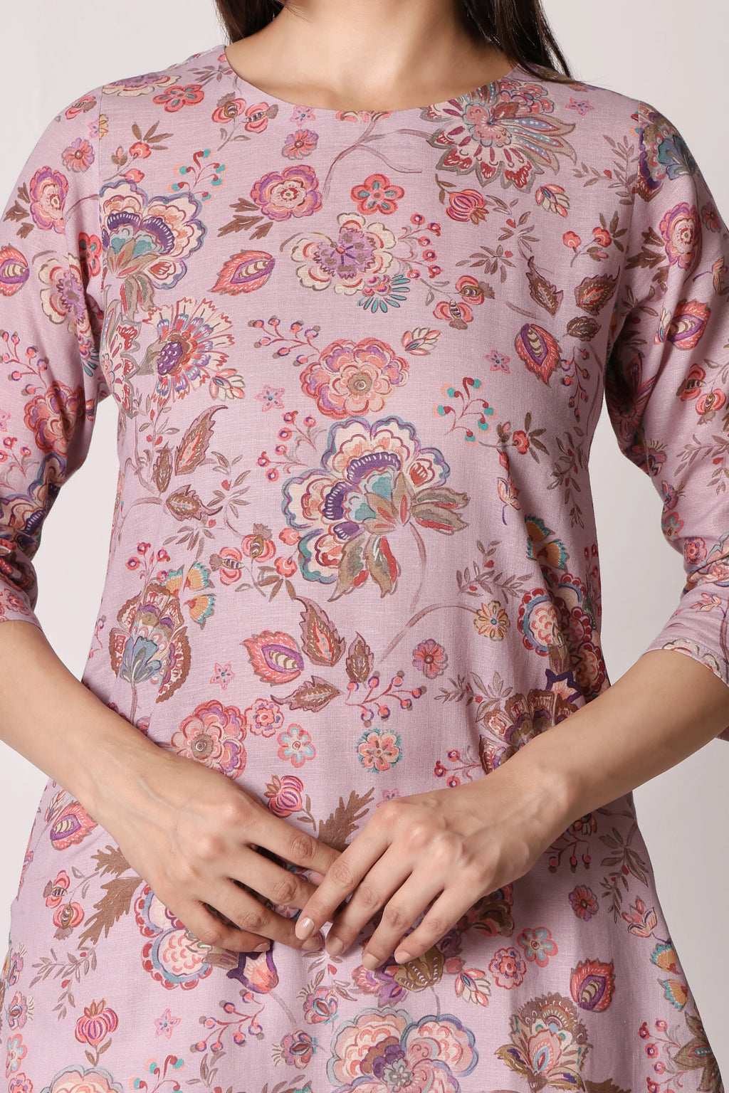Lilac Lilt Pure Linen Printed Kurta by Shuchi Man featuring floral patterns and a relaxed fit, ideal for casual and festive wear.