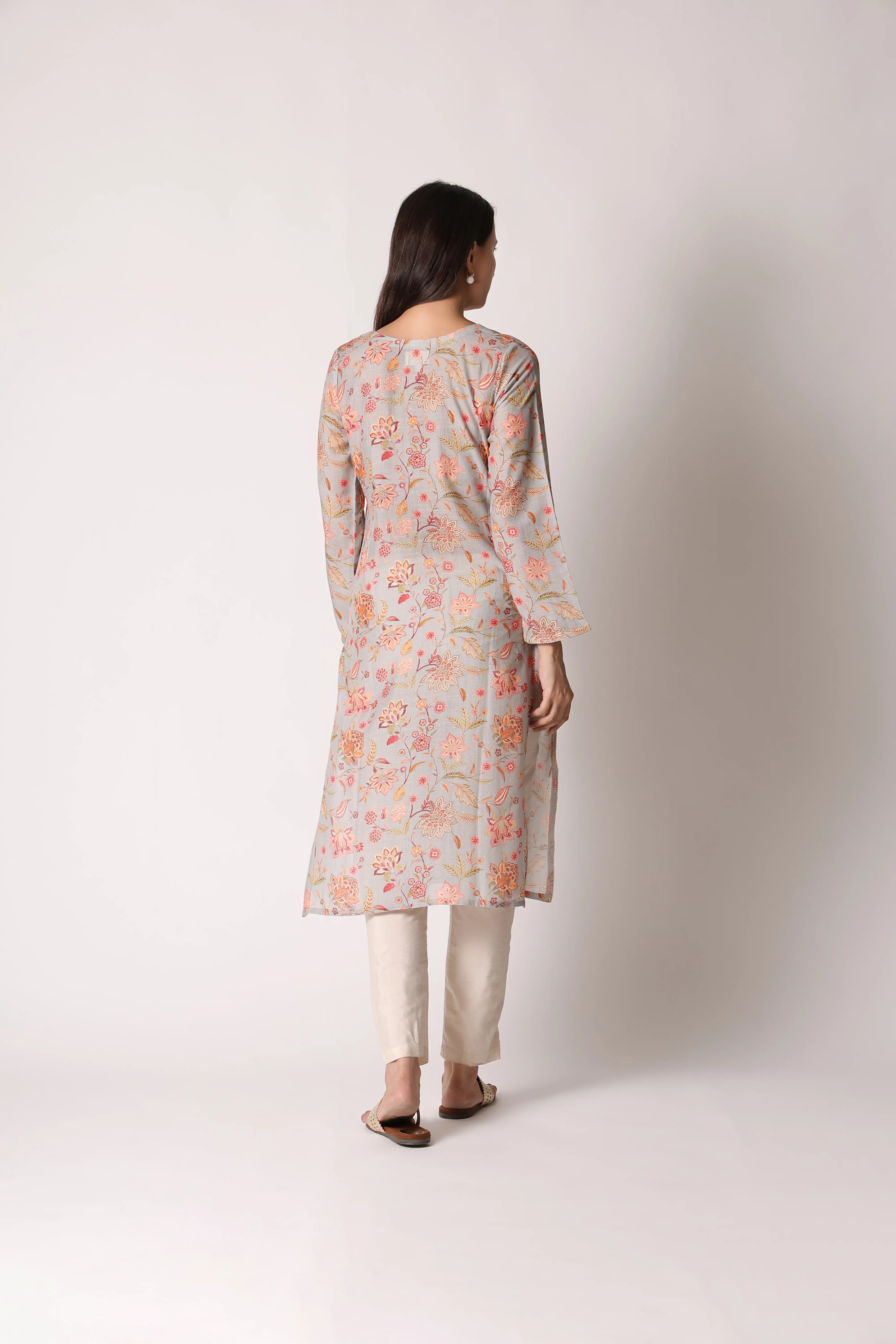 Pastel aqua linen viscose printed kurta by Shuchi Man, featuring a relaxed fit and elegant design with floral patterns.