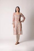 Pastel aqua linen viscose printed kurta by Shuchi Man featuring a comfortable fit and elegant floral design.