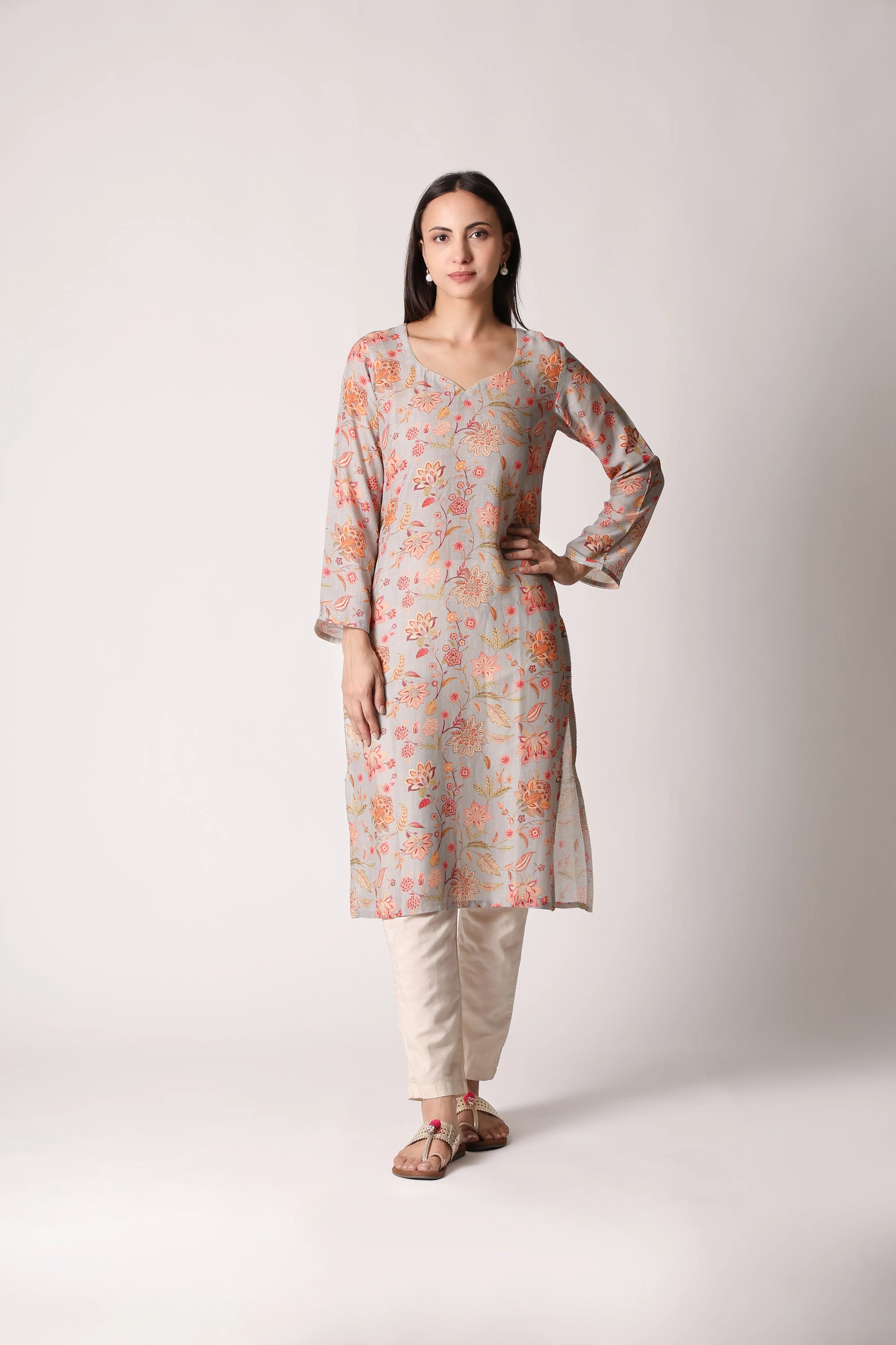 Pastel aqua linen viscose printed kurta by Shuchi Man featuring a comfortable fit and elegant floral design.