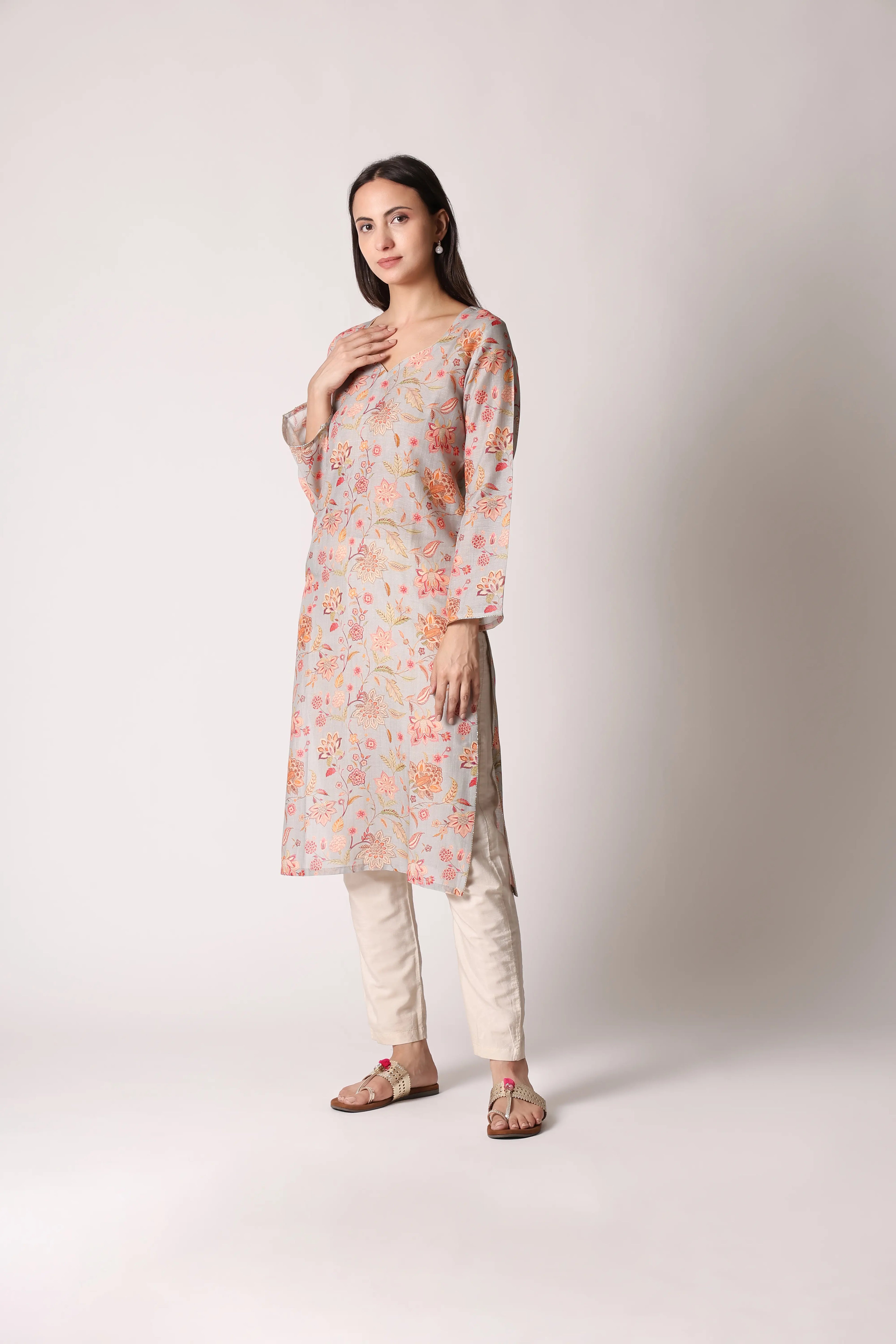 Pastel aqua linen viscose printed kurta by Shuchi Man, featuring floral patterns and traditional design with a relaxed fit.