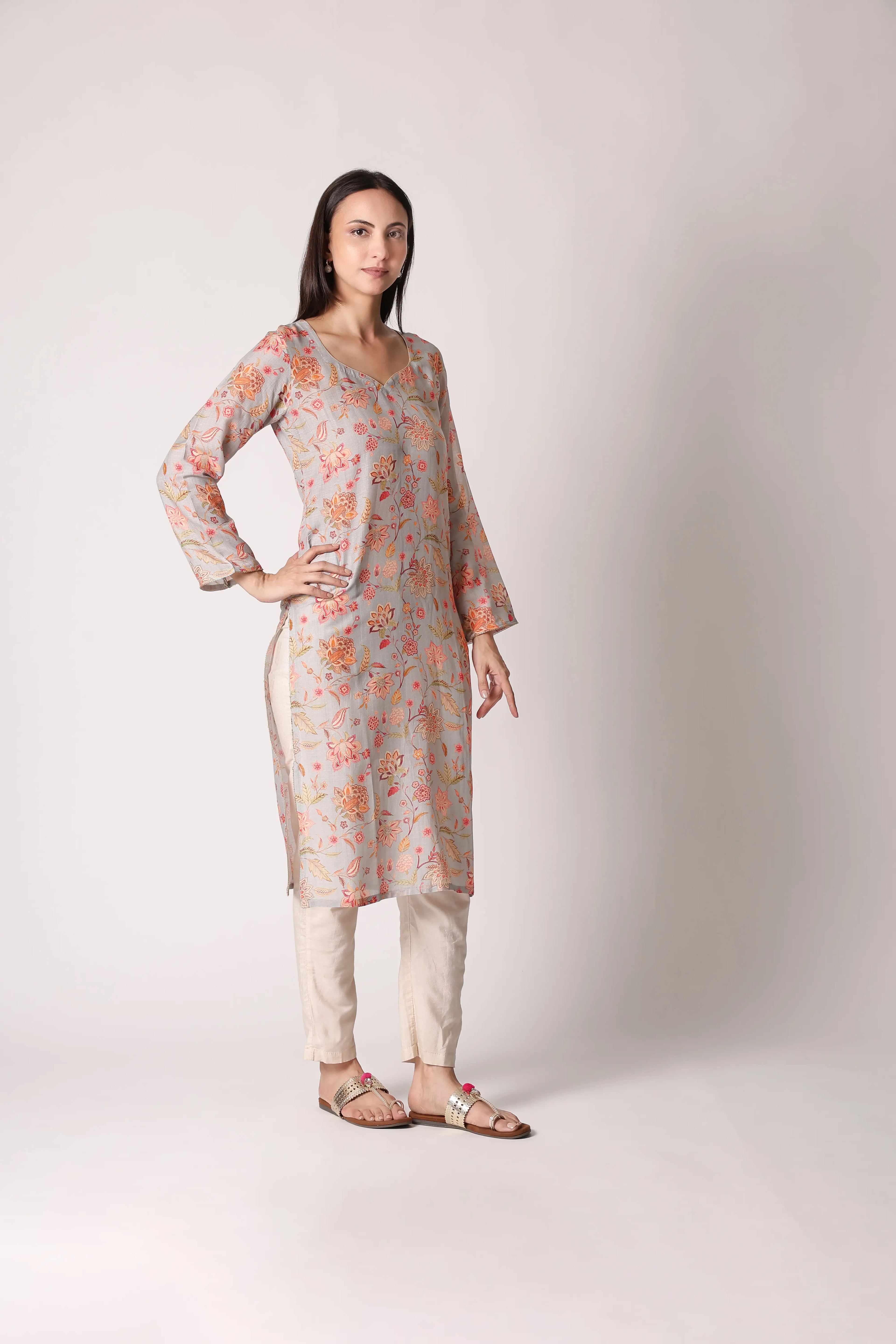 Pastel aqua linen viscose printed kurta by Shuchi Man, featuring intricate floral patterns and a comfortable, stylish fit.