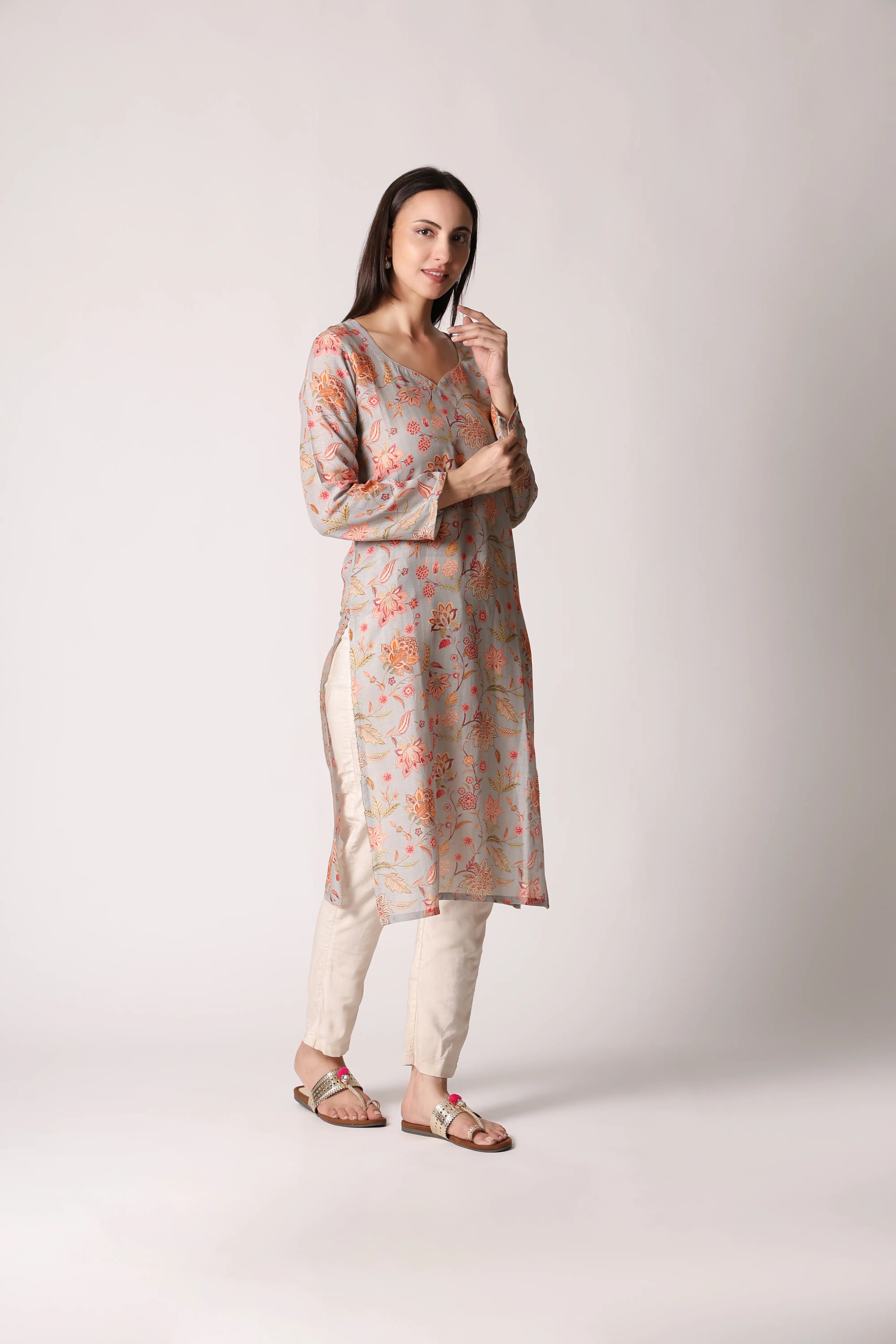 Pastel aqua linen viscose printed kurta by Shuchi Man featuring floral patterns and relaxed fit.