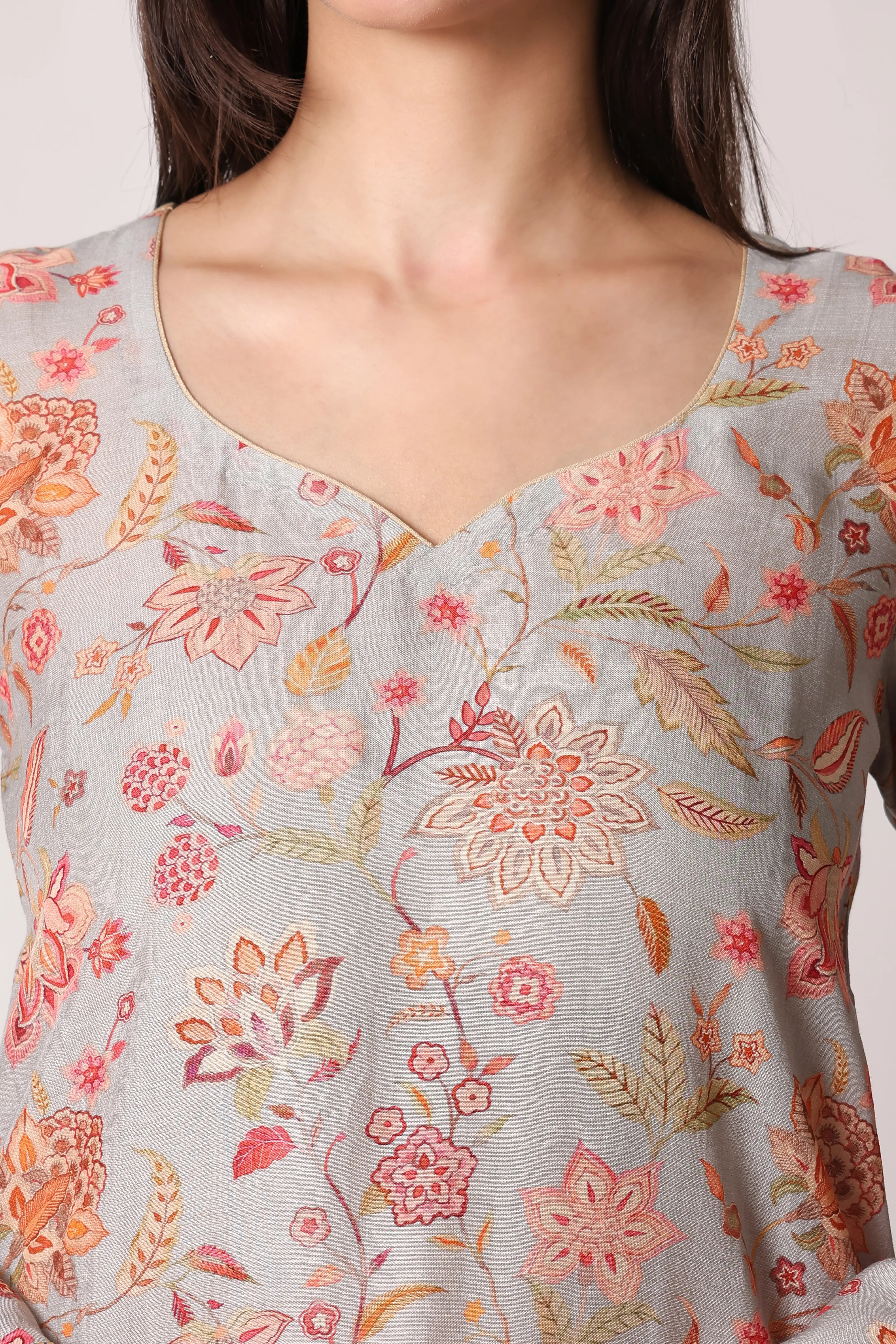 Pastel aqua linen viscose printed kurta by Shuchi Man, featuring a flowy design with intricate patterns and elegant fabric.