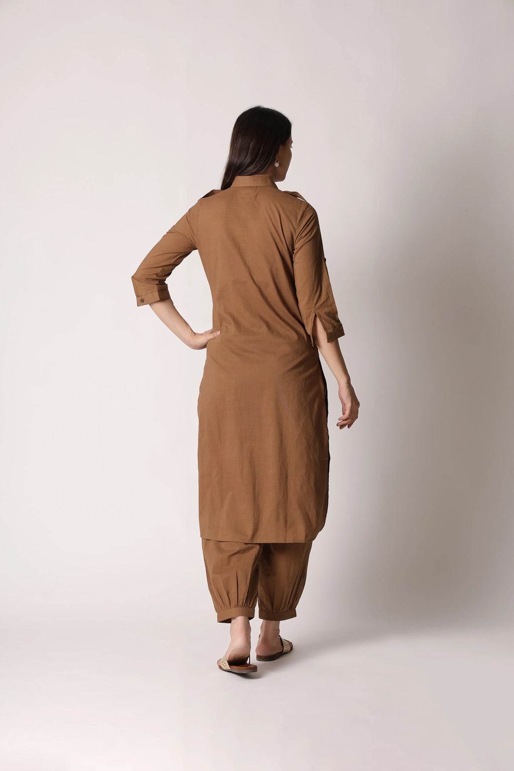 Shuchi Man khaki Nomad Pathani co-ord set featuring a traditional kurta and matching pants, stylish and comfortable ensemble.