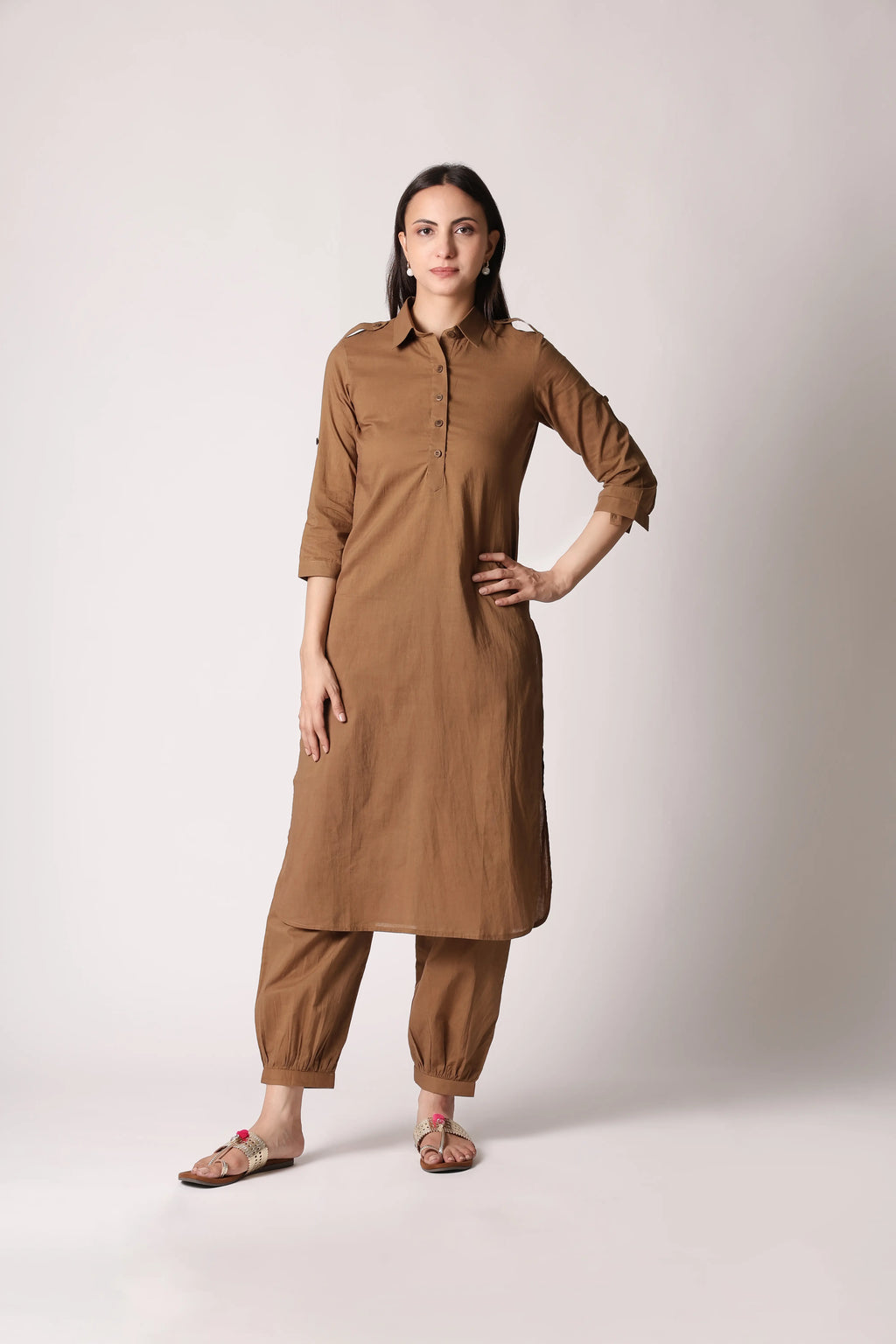 Khaki Nomad Pathani Co-ord Set by Shuchi Man, featuring traditional Pathani style with coordinated top and bottom, casual and elegant.