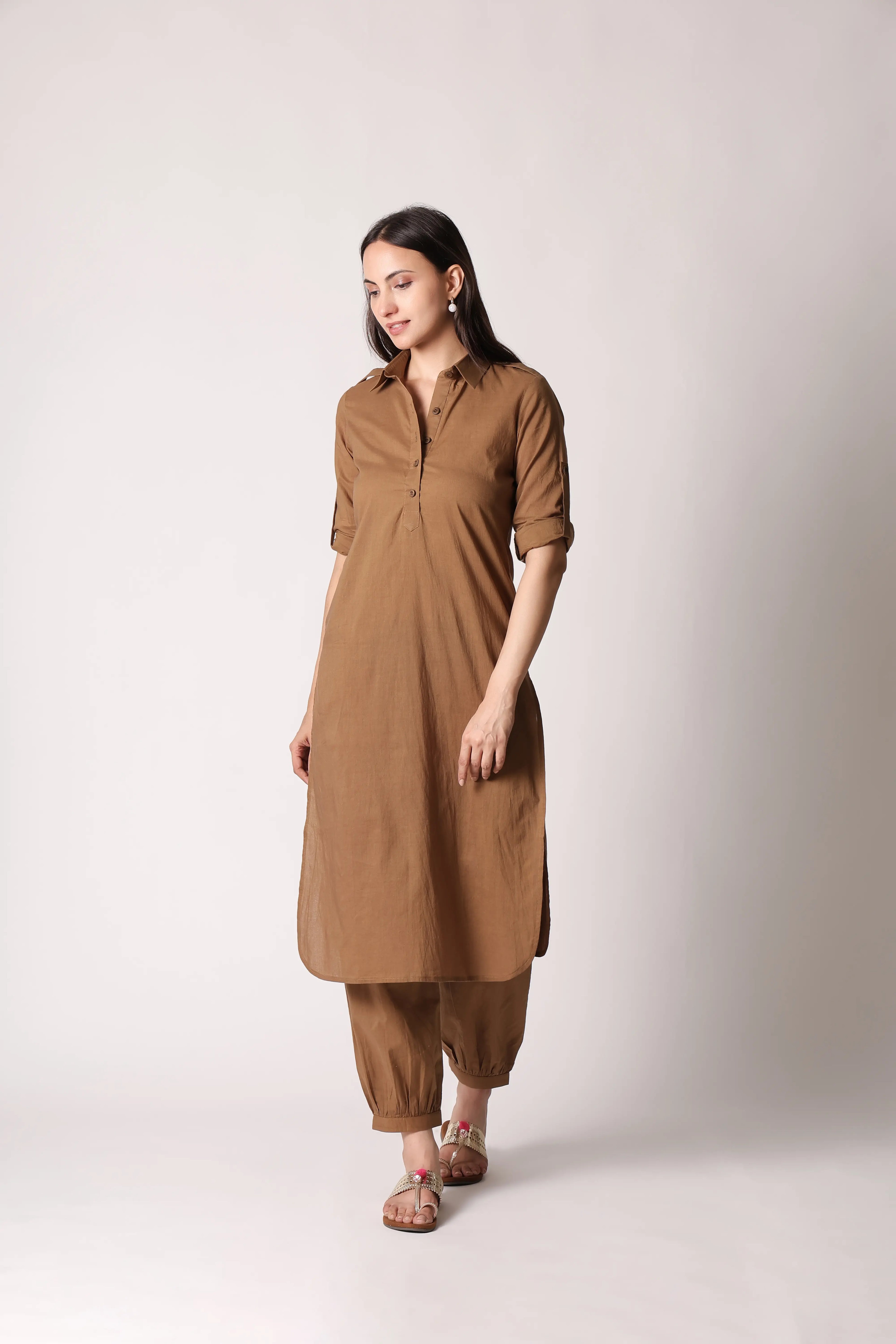 Khaki Nomad Pathani co-ord set by Shuchi Man featuring traditional style and comfortable fit, shown on a model.