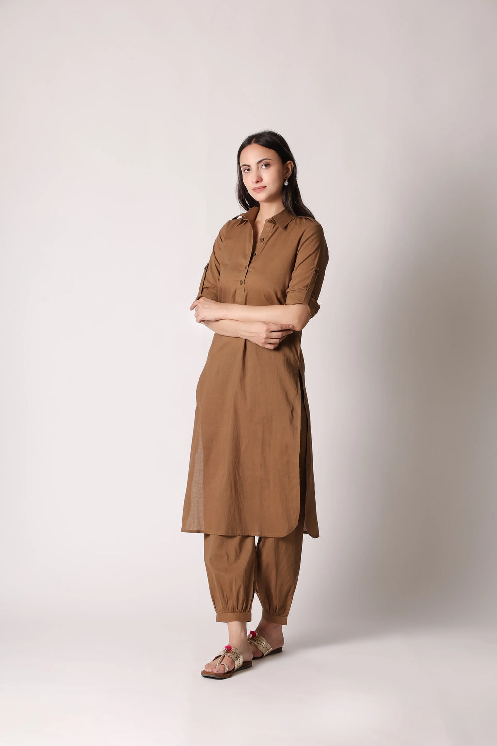 Khaki Nomad Pathani co-ord set by Shuchi Man featuring traditional style, comfortable fabric, and coordinated top and bottom.