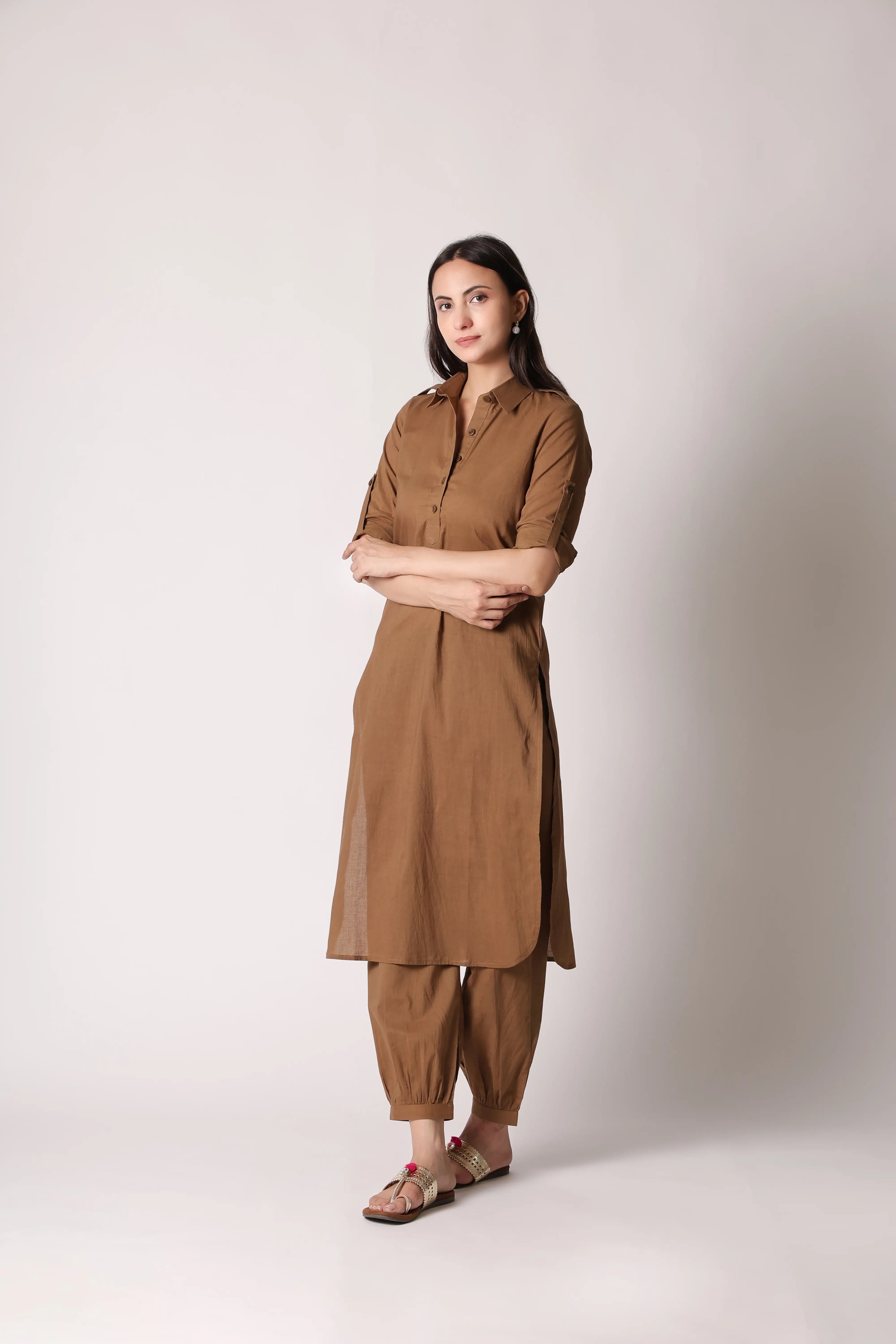 Khaki Nomad Pathani co-ord set by Shuchi Man featuring traditional style, comfortable fabric, and coordinated top and bottom.