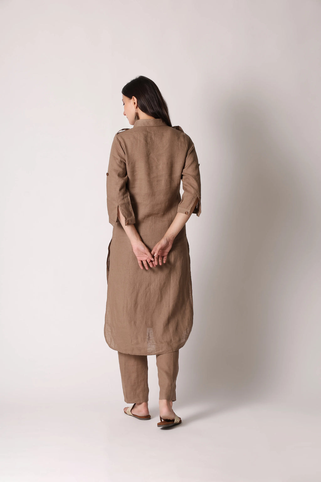 Shuchi Man Dune Khaki Atelier Pure Linen Pathani Co-ord Set with relaxed fit and traditional design, perfect for casual wear.
