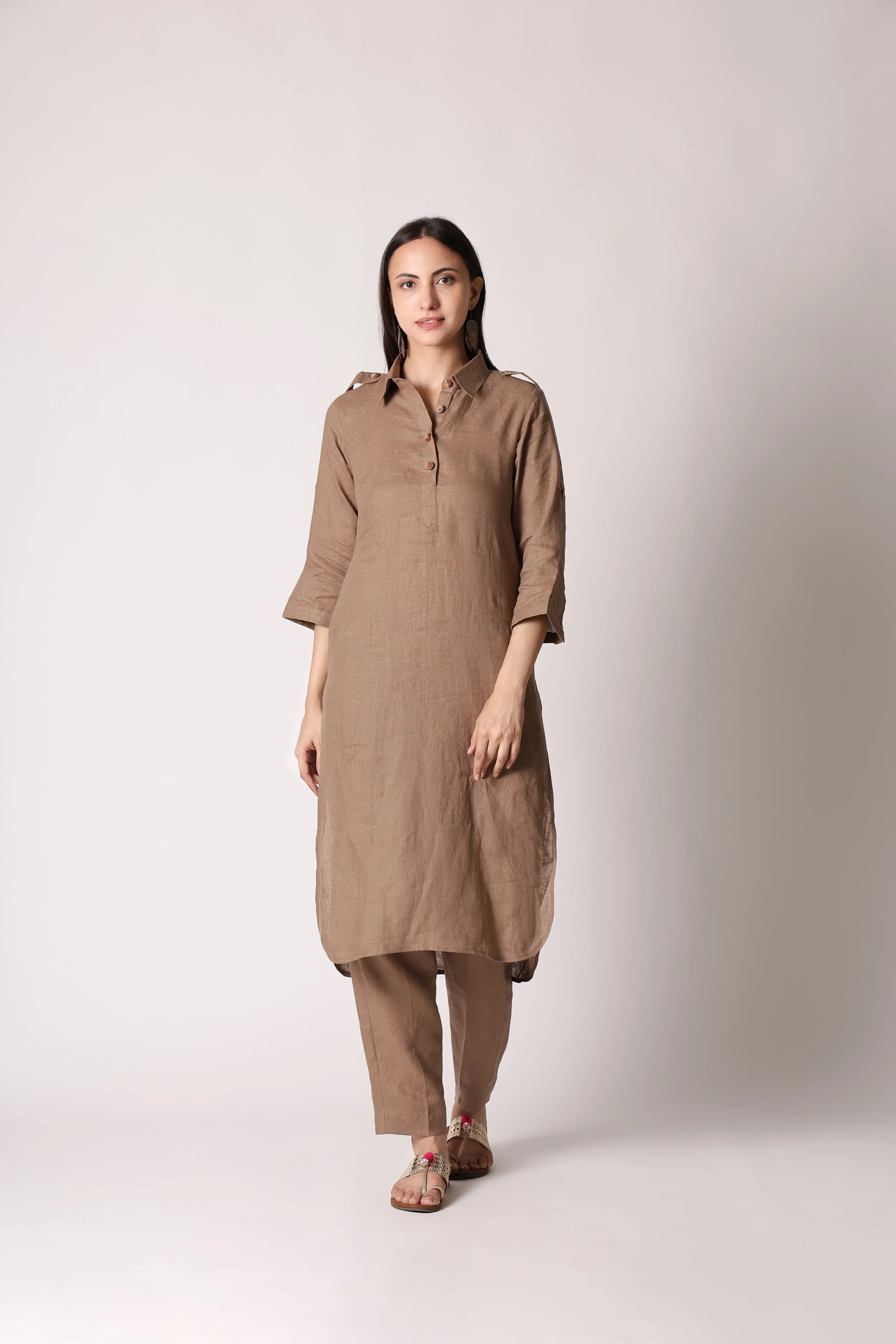 Shuchi Man Dune Khaki Atelier Pure Linen Pathani Co-ord Set, featuring a matching top and pants in breathable linen fabric.