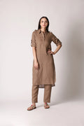 Shuchi Man Dune Khaki Atelier Pure Linen Pathani Co-ord Set displayed on a model, featuring a relaxed fit and traditional design.