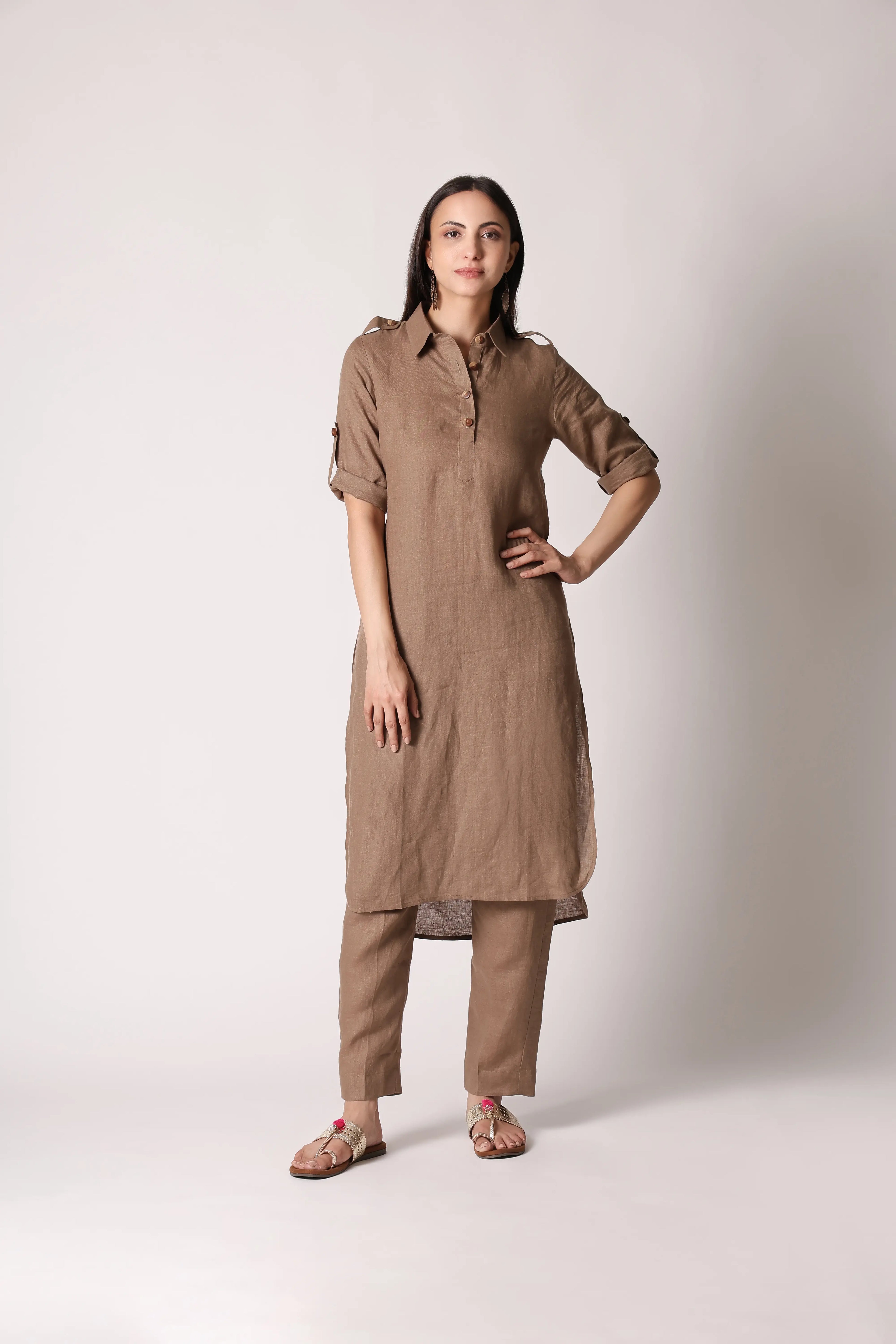 Shuchi Man Dune Khaki Atelier Pure Linen Pathani Co-ord Set displayed on a model, featuring a relaxed fit and traditional design.