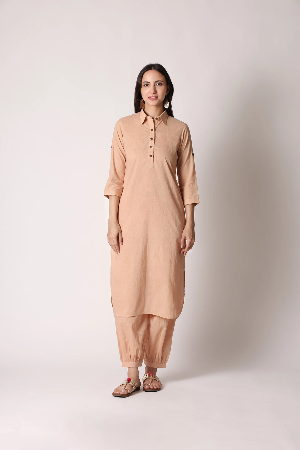 Shuchi Man Sandy Nomad Pathani Co-ord Set featuring a beige kurta and matching pants with subtle patterns and traditional embroidery.