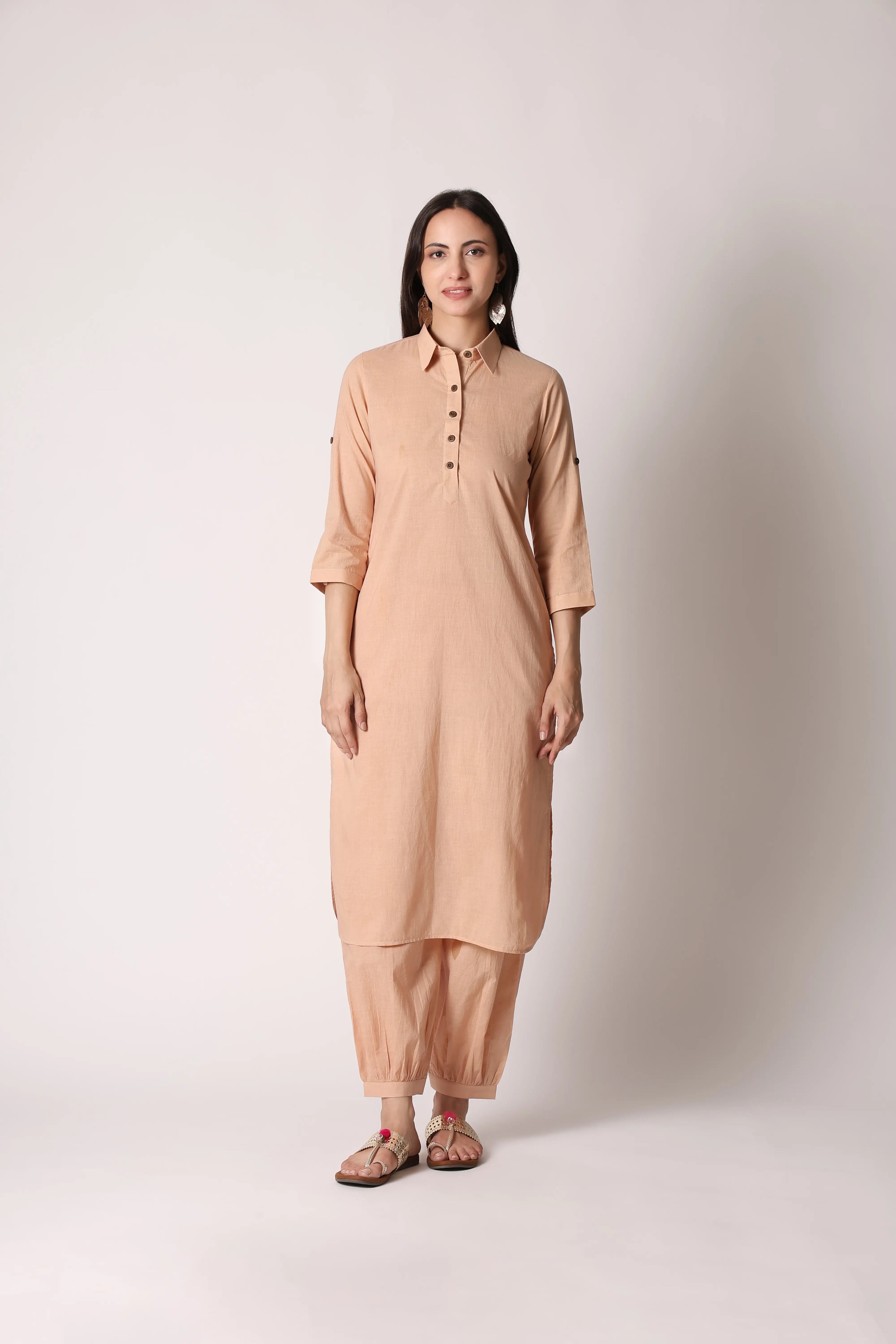 Shuchi Man Sandy Nomad Pathani Co-ord Set featuring a beige kurta and matching pants with subtle patterns and traditional embroidery.