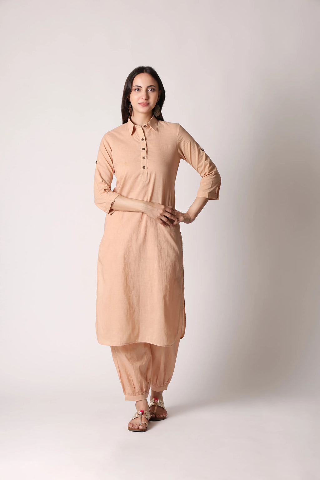 Shuchi Man Sandy Nomad Pathani co-ord set featuring a matching top and bottom in earthy tones, styled for casual wear.