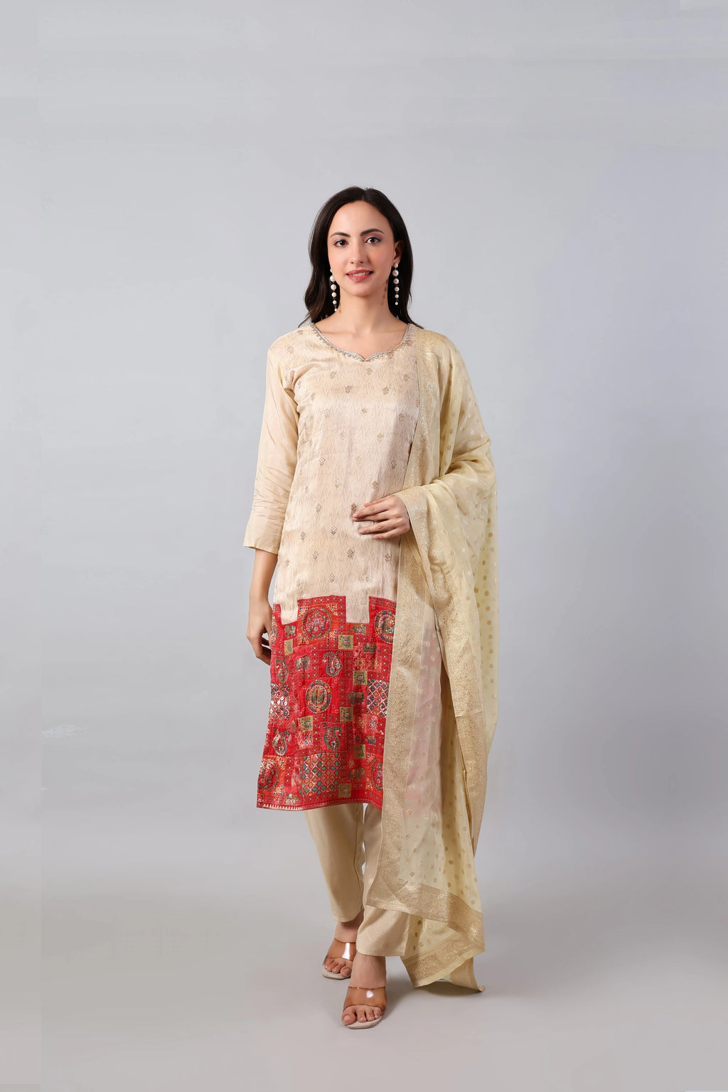Ivory Russian silk kurta set with matching dupatta from Shuchi Man, featuring elegant traditional embroidery and intricate design.