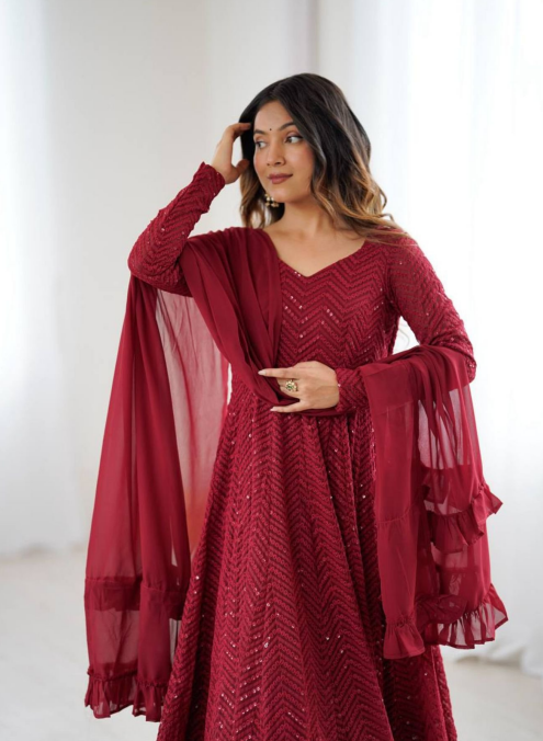 Heavy Faux Georgette Lucknowi Anarkali Dupatta Gown Set