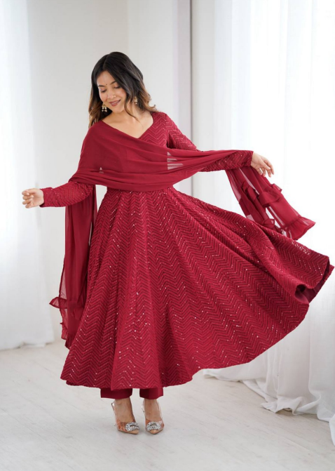 Heavy Faux Georgette Lucknowi Anarkali Dupatta Gown Set