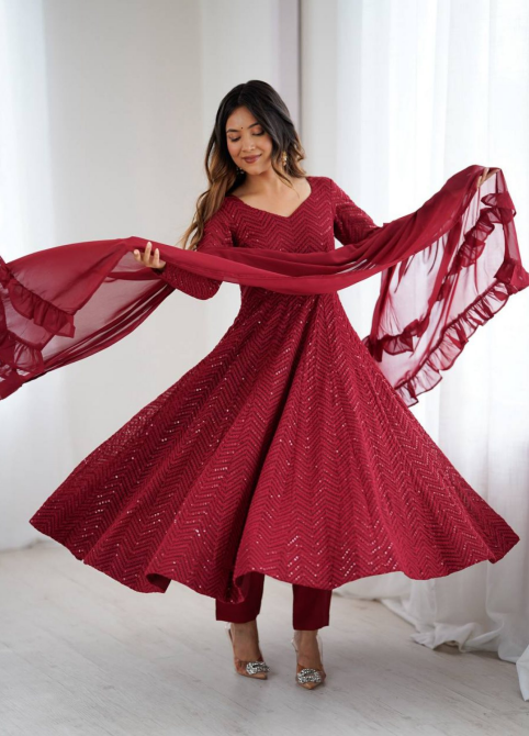 Heavy Faux Georgette Lucknowi Anarkali Dupatta Gown Set