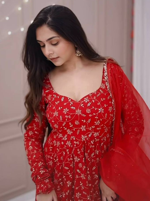 Red Blooming Georgette Anarkali Gown with Heavy Embroidery