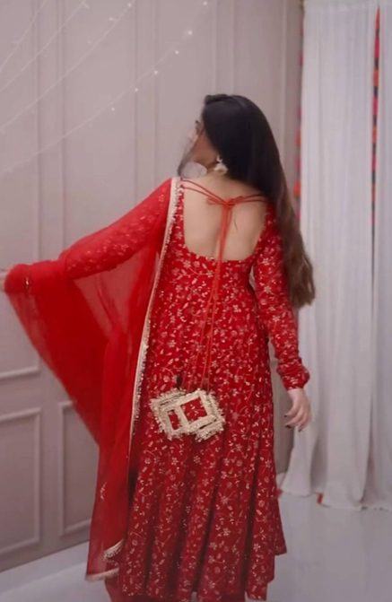 Red Blooming Georgette Anarkali Gown with Heavy Embroidery