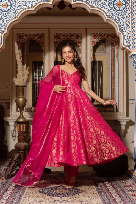 Jacquard Anarkali Gown Heavy Weave Top with Micro Pant Net Dupatta