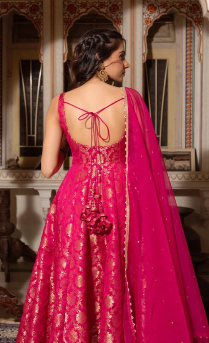 Jacquard Anarkali Gown Heavy Weave Top with Micro Pant Net Dupatta