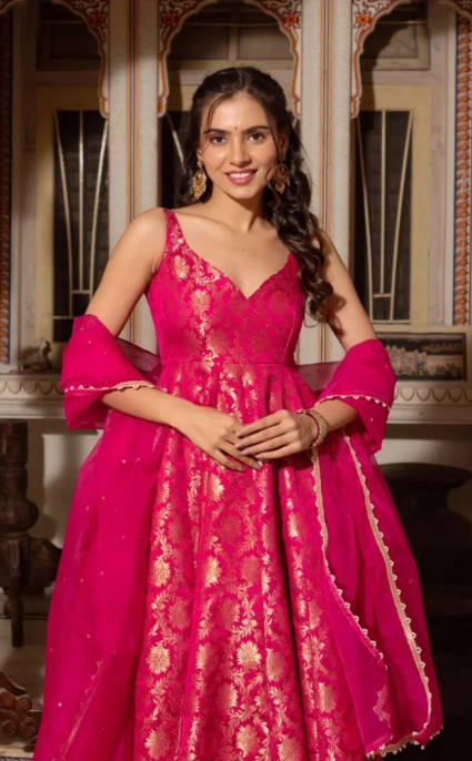 Jacquard Anarkali Gown Heavy Weave Top with Micro Pant Net Dupatta