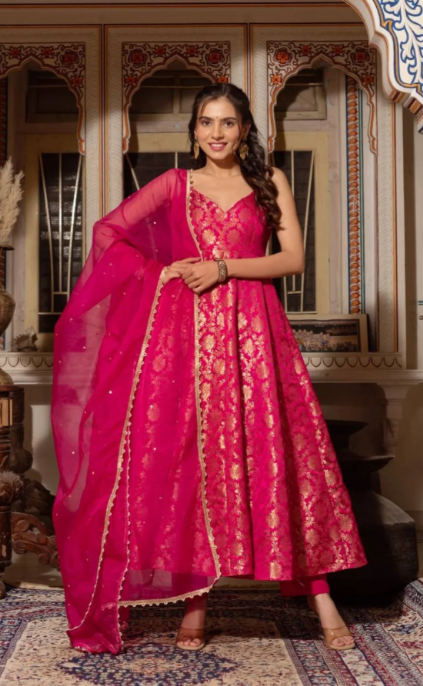 Jacquard Anarkali Gown Heavy Weave Top with Micro Pant Net Dupatta