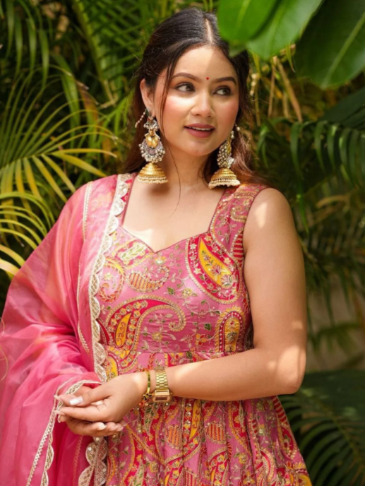 Light Pink Organza Silk Anarkali Gown Set with Kery Print