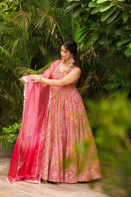 Light Pink Organza Silk Anarkali Gown Set with Kery Print