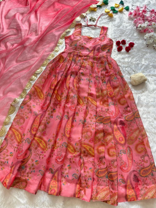 Light Pink Organza Silk Anarkali Gown Set with Kery Print