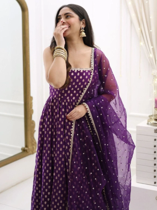 Royal Banarasi Purple Jacquard Anarkali Set