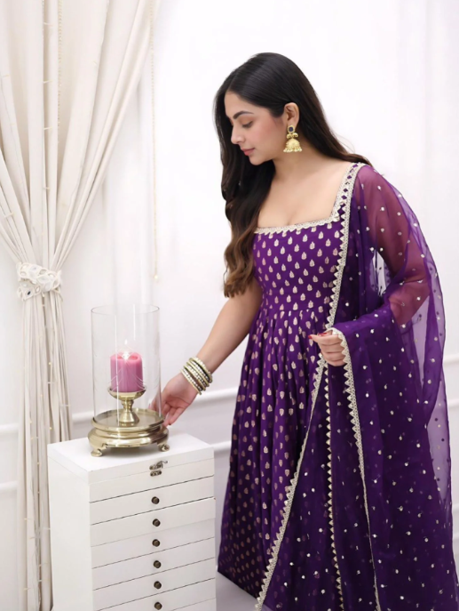 Royal Banarasi Purple Jacquard Anarkali Set