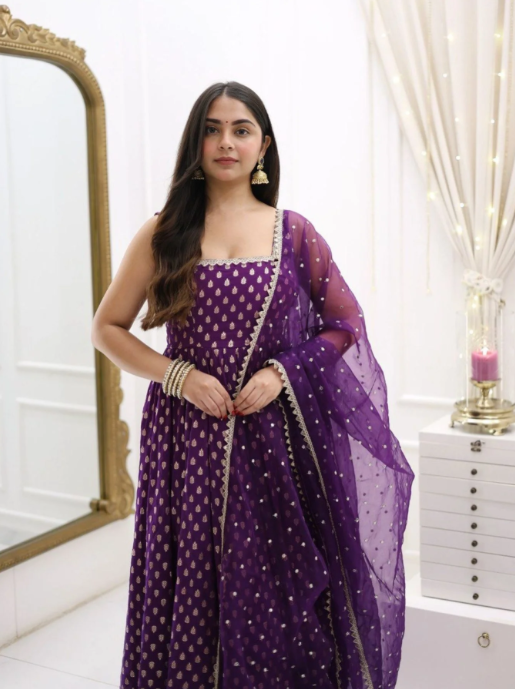 Royal Banarasi Purple Jacquard Anarkali Set