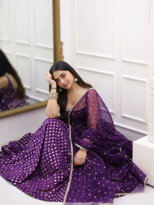 Royal Banarasi Purple Jacquard Anarkali Set