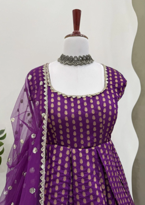 Royal Banarasi Purple Jacquard Anarkali Set