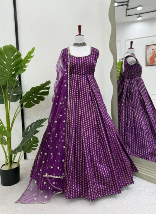 Royal Banarasi Purple Jacquard Anarkali Set