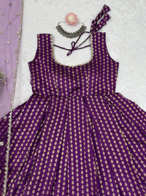 Royal Banarasi Purple Jacquard Anarkali Set