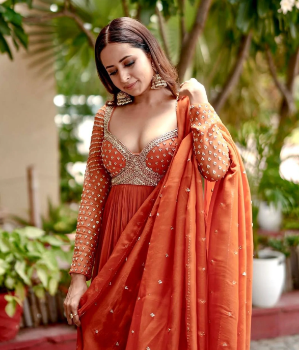 Tangerine Glow Georgette Anarkali Gown with Zari and Sequins