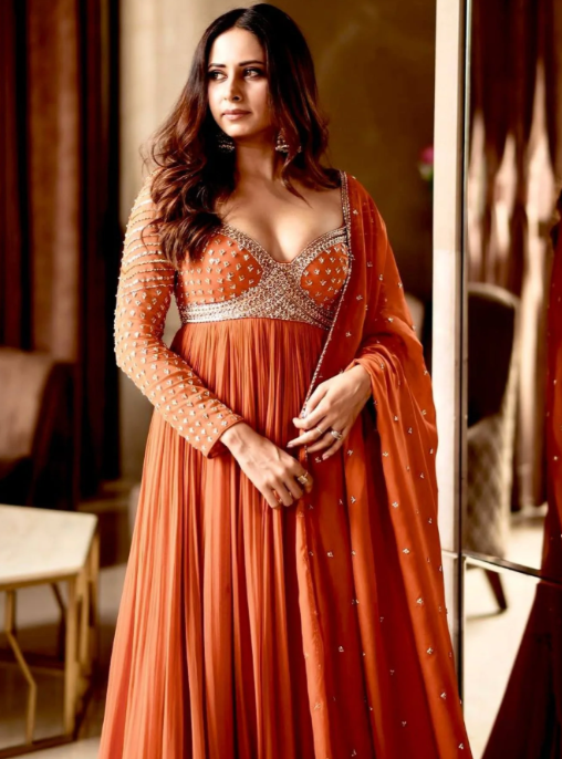 Tangerine Glow Georgette Anarkali Gown with Zari and Sequins
