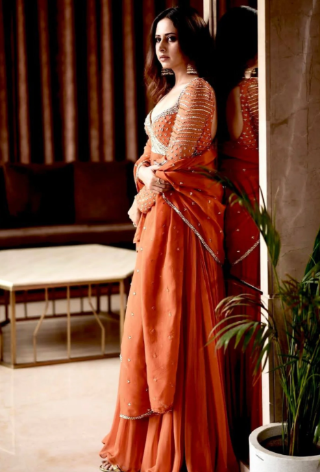 Tangerine Glow Georgette Anarkali Gown with Zari and Sequins