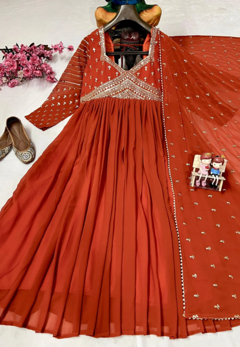 Tangerine Glow Georgette Anarkali Gown with Zari and Sequins